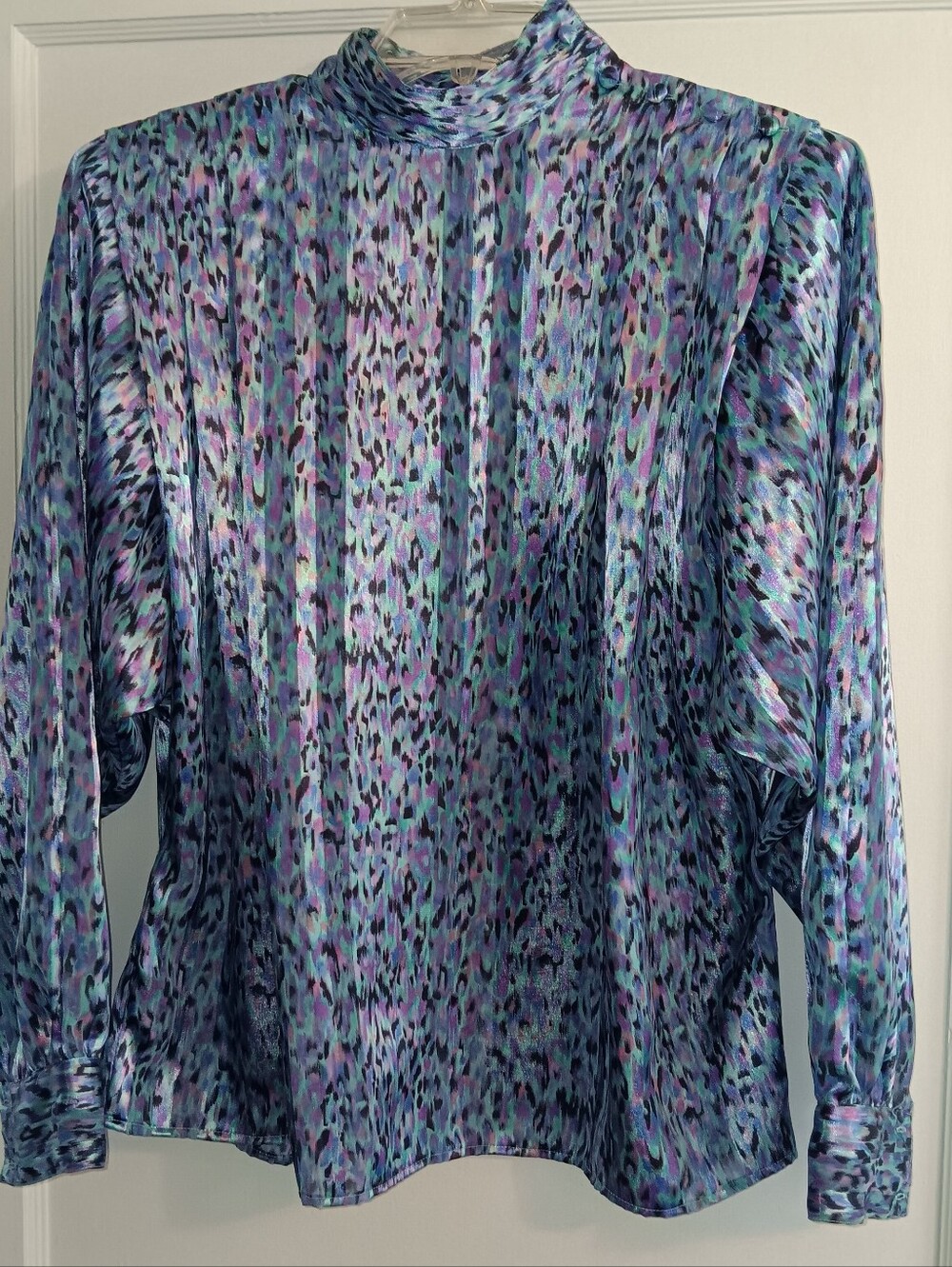 Vintage 80's Tess Paris Milano Animal Print Blouse Teal Violet Black Size 10